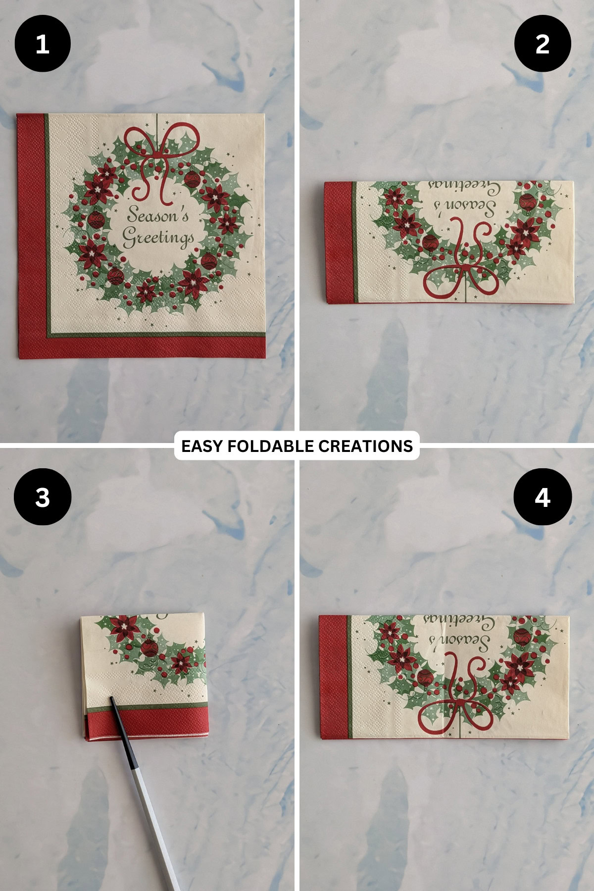 Steps 1 to 4 for folding Christmas tree napkins.