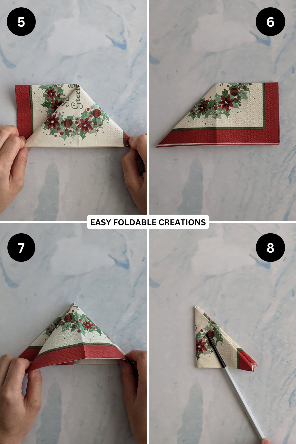 Steps 5 to 8 for folding Christmas tree napkins.