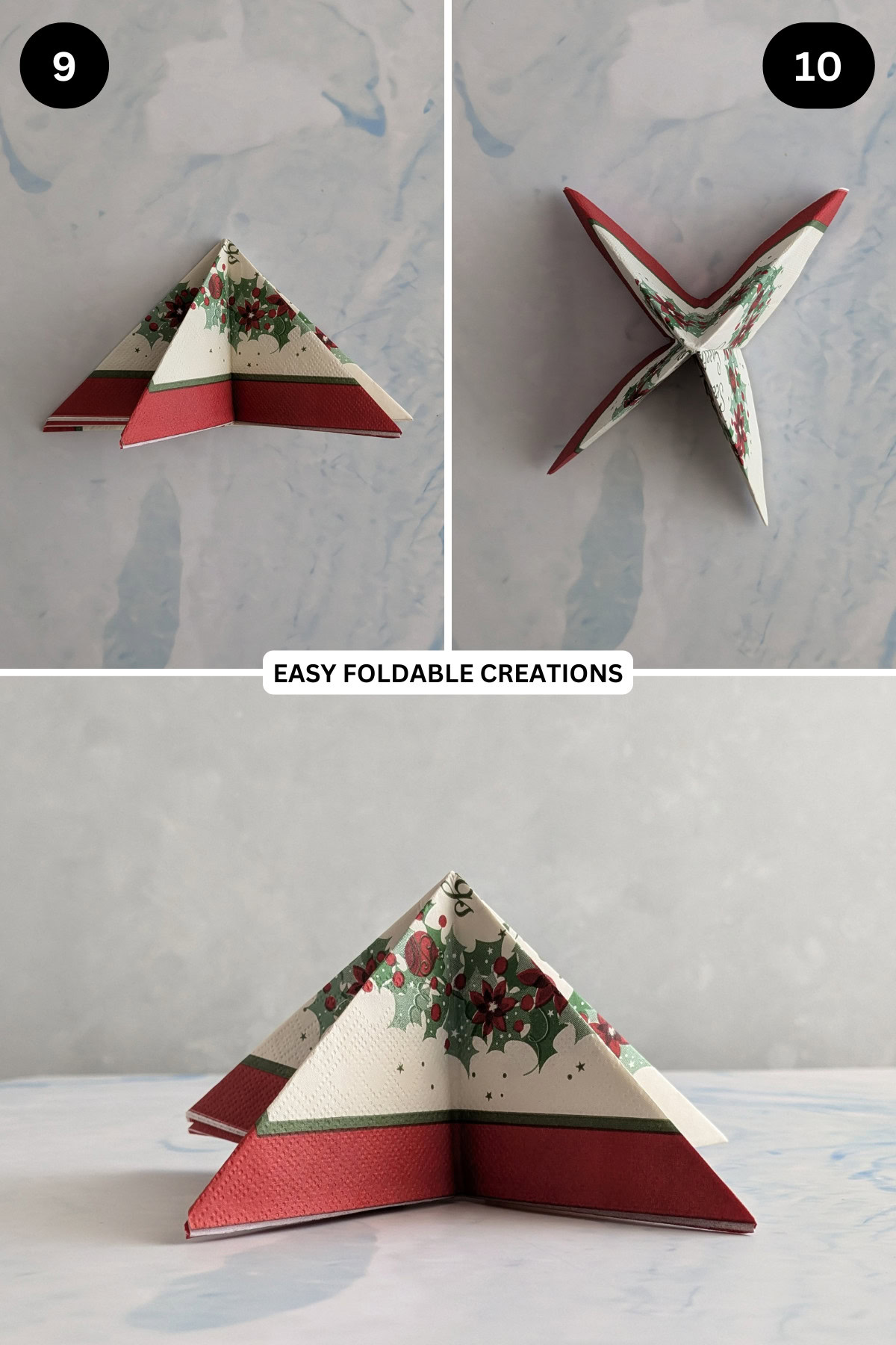 Steps 9 and 10 for folding Christmas tree napkins.