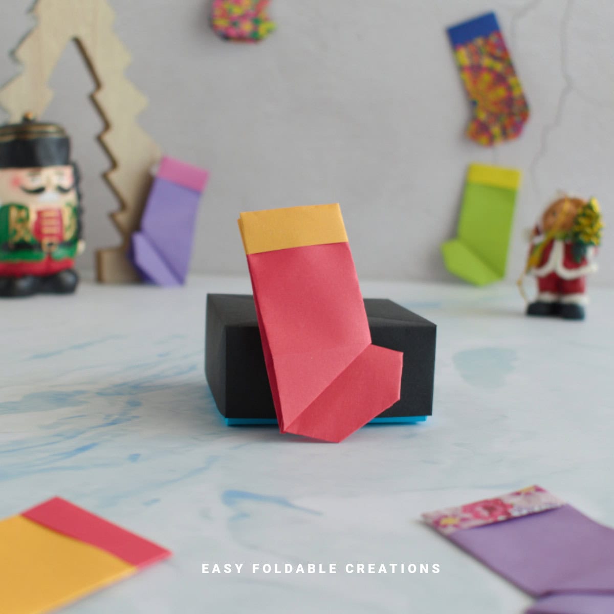 Close up image of origami stocking.