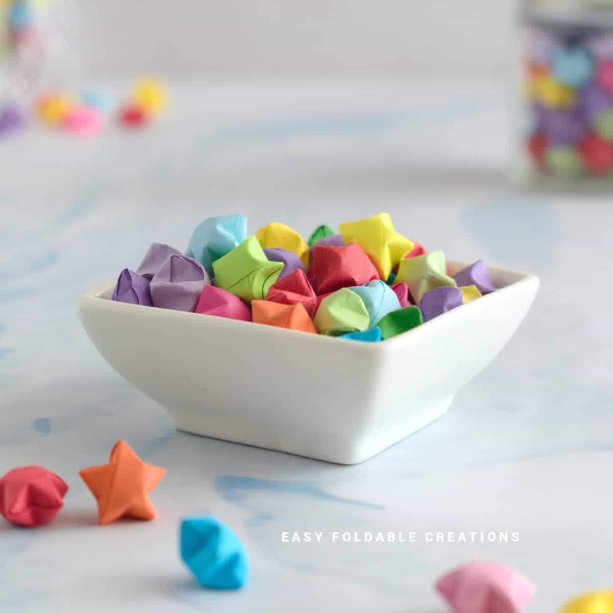 Lucky stars in a white bowl.