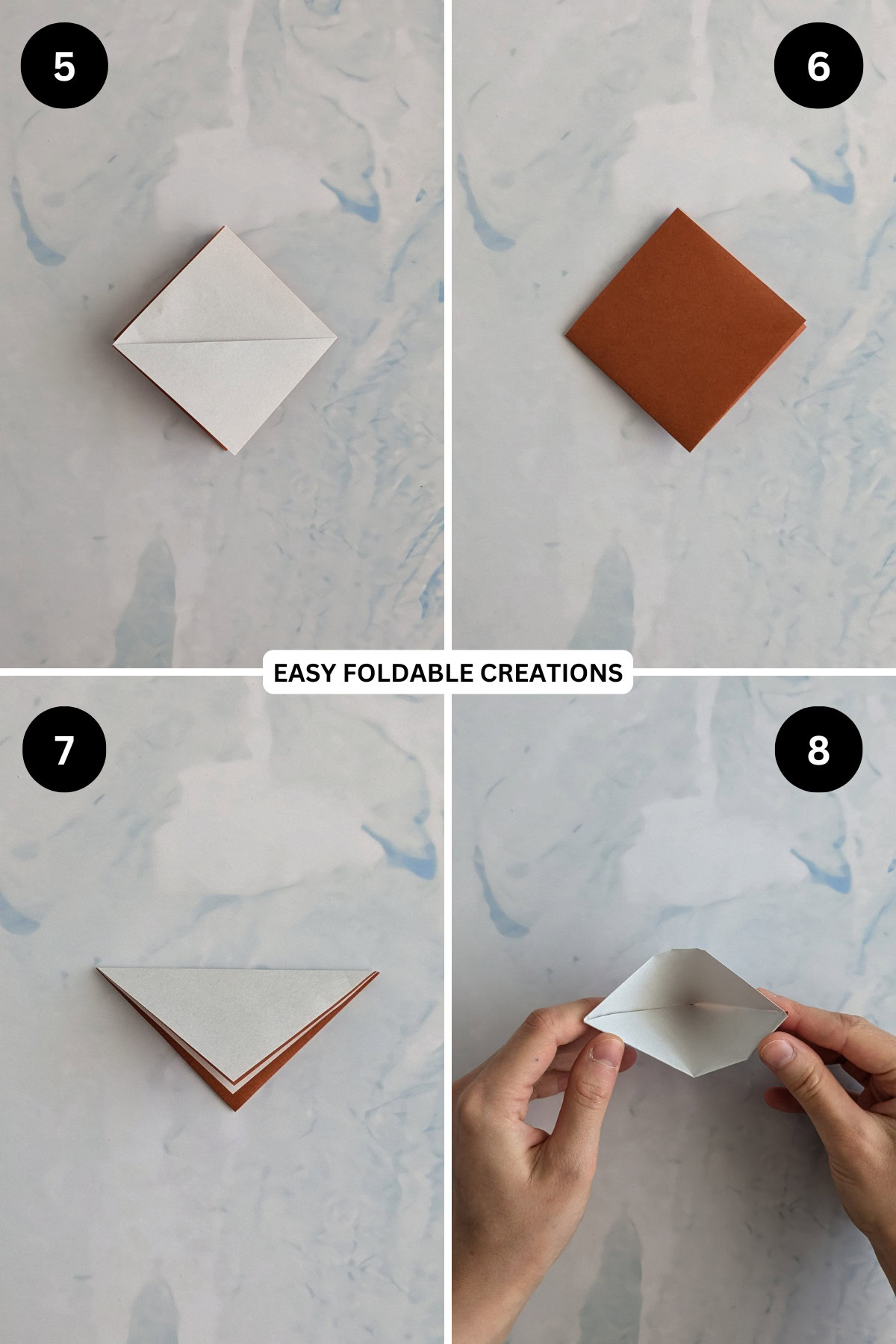 Steps 5 to 8 for folding origami boat.