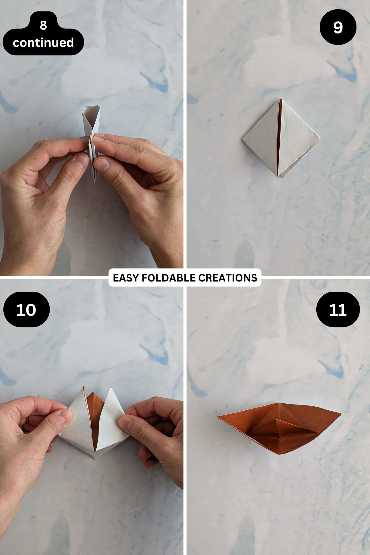 Steps 8 to 11 for folding origami boat.