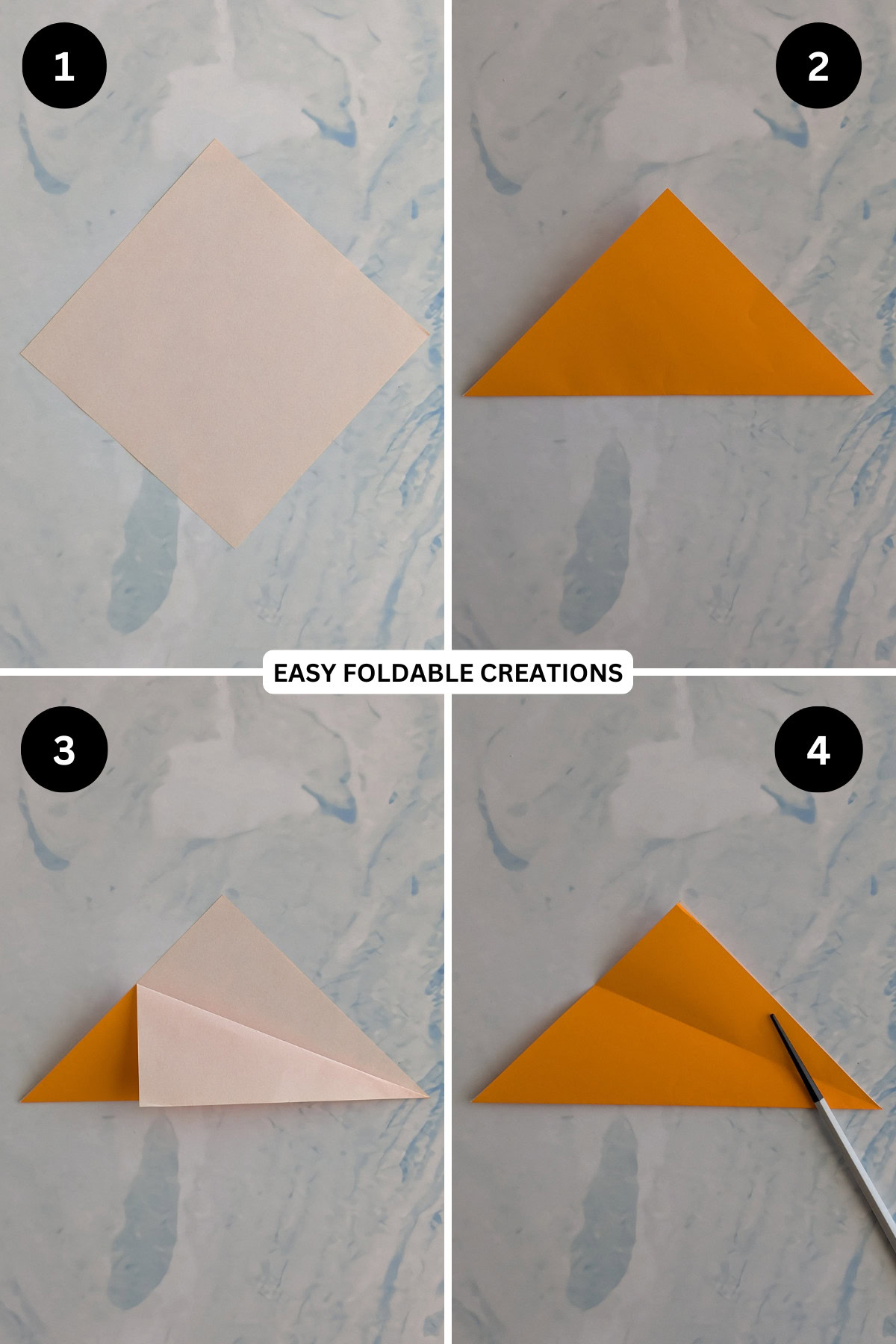 Steps 1 to 4 for folding origami cup.