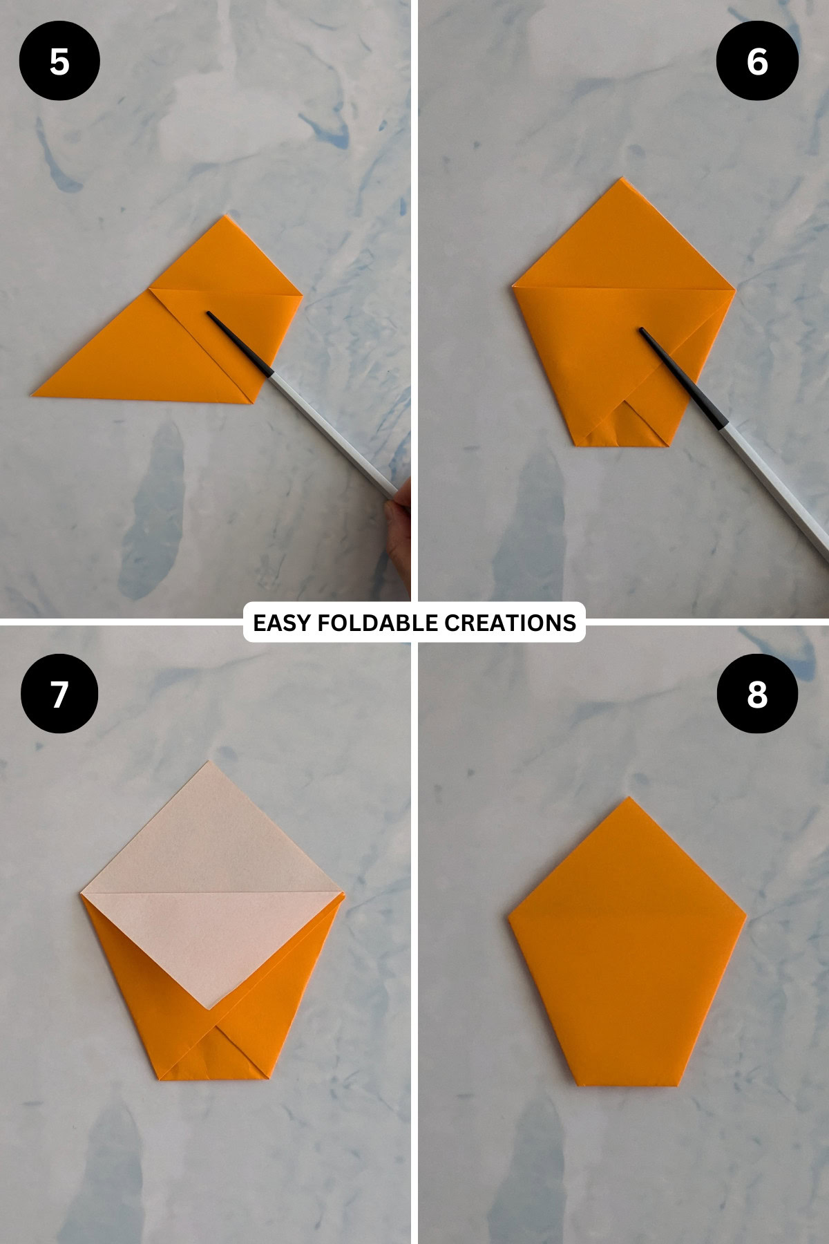 Steps 5 to 8 for folding origami cup.