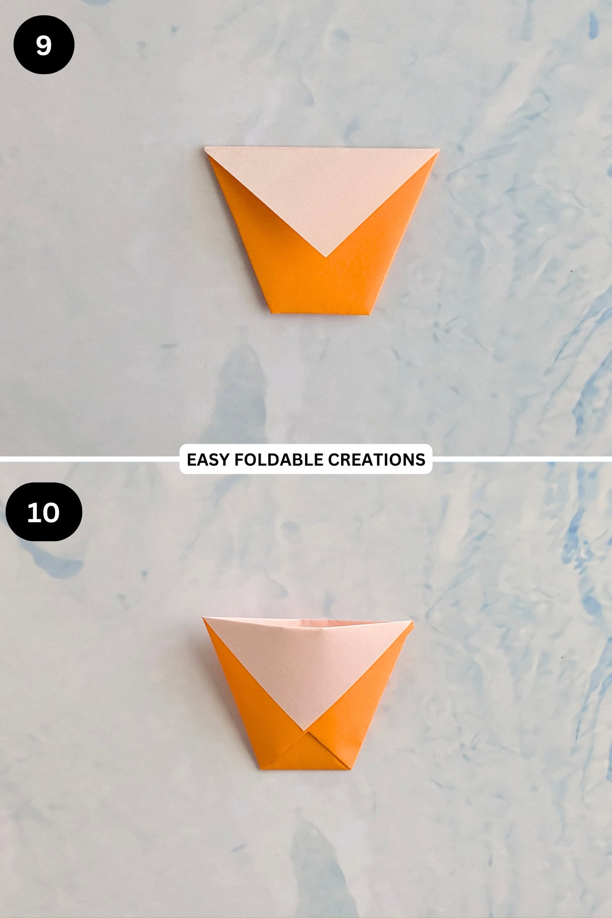 Steps 9 and 10 for folding origami cup.