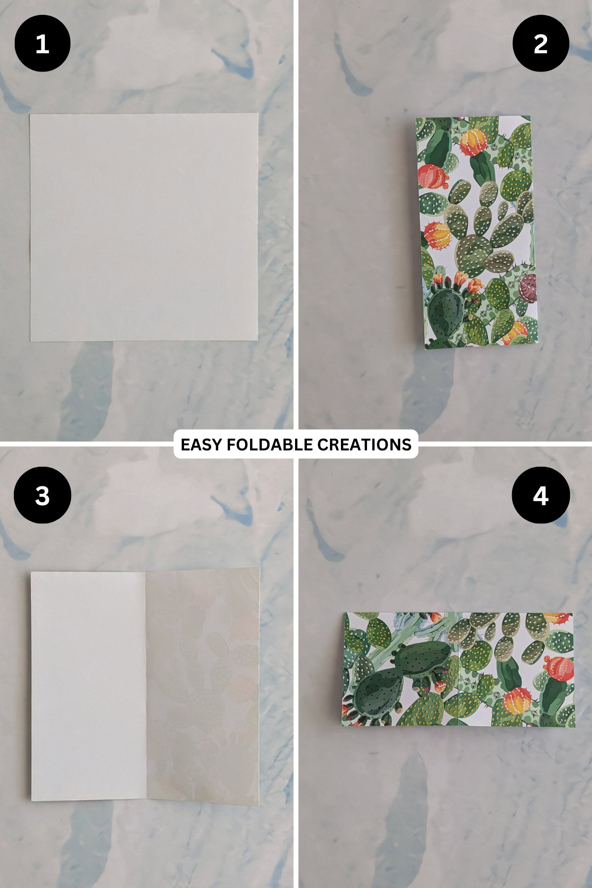 Steps 1 to 4 folding origami phone stand.