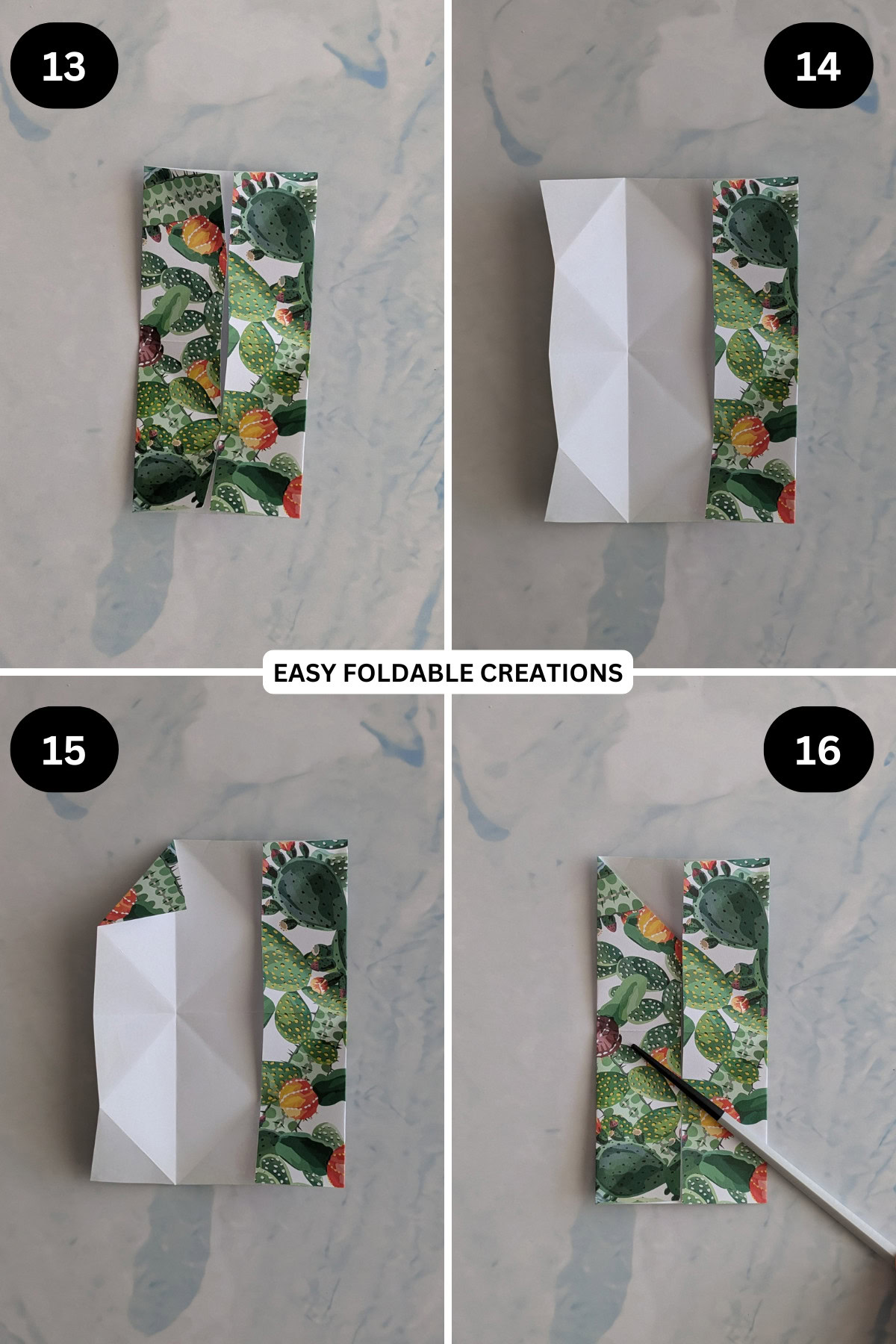 Steps 13 to 16 folding origami phone stand.