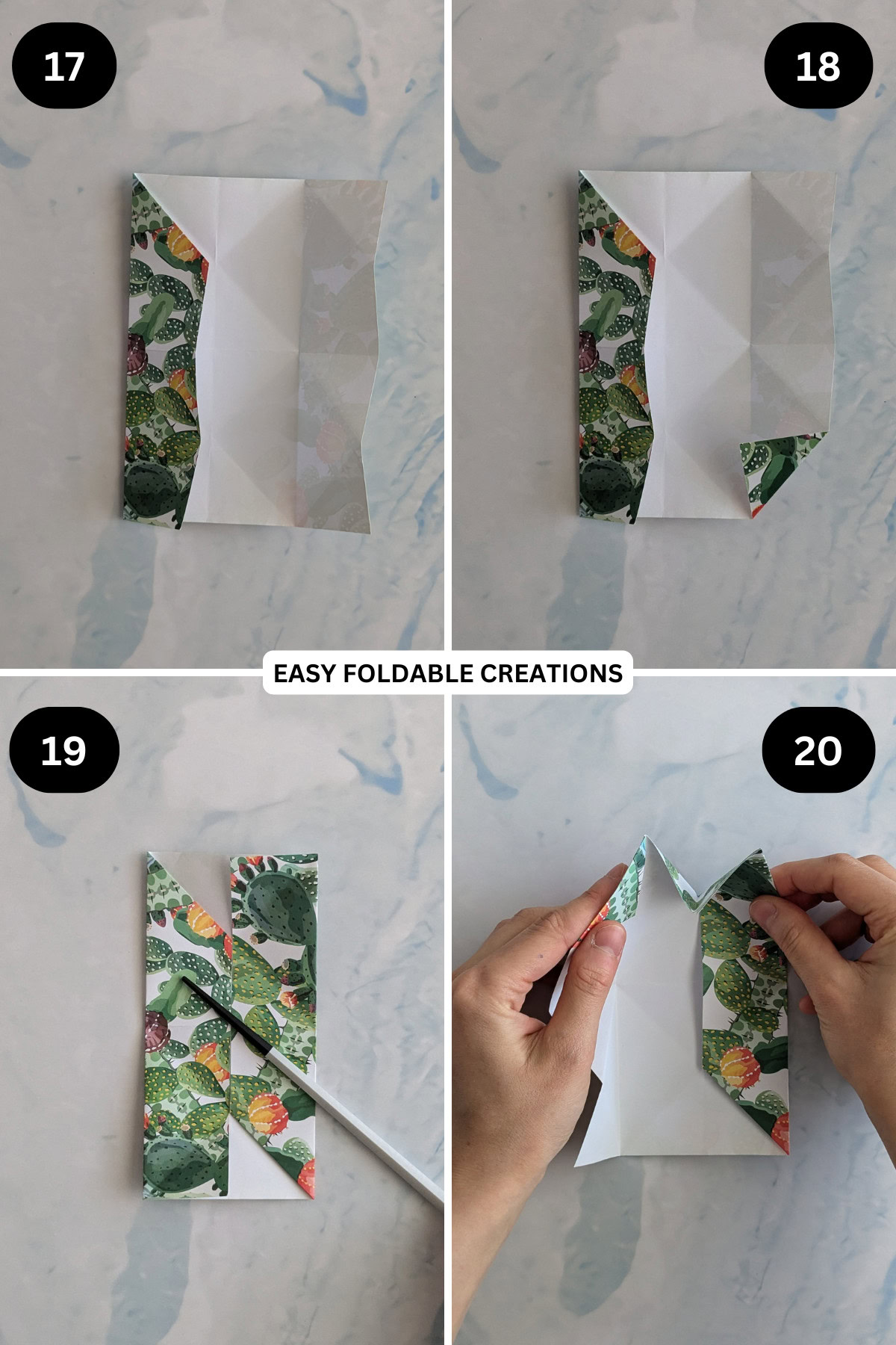Steps 17 to 20 folding origami phone stand.