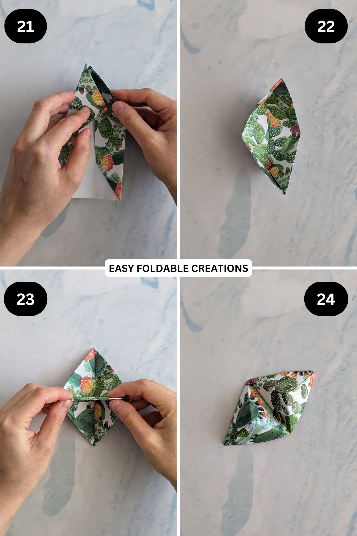 Steps 21 to 24 folding origami phone stand.
