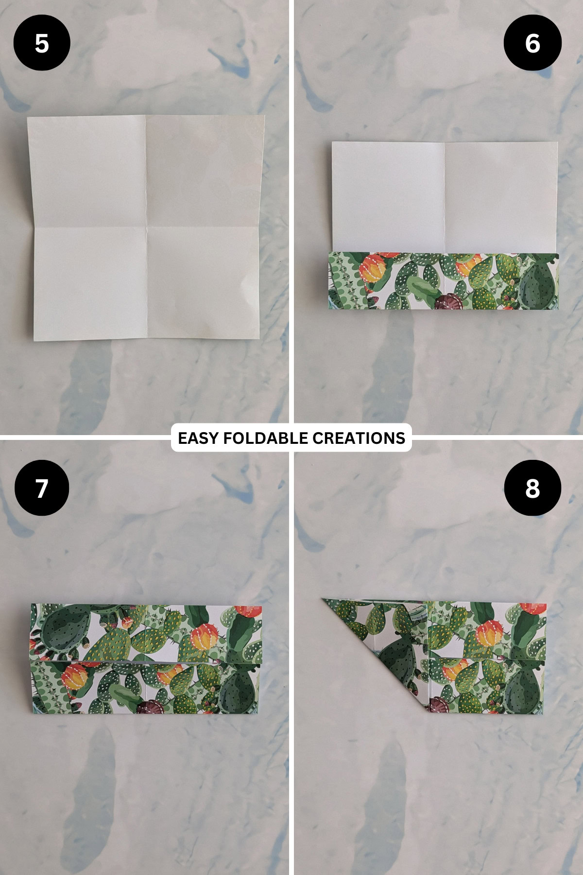 Steps 5 to 8 folding origami phone stand.