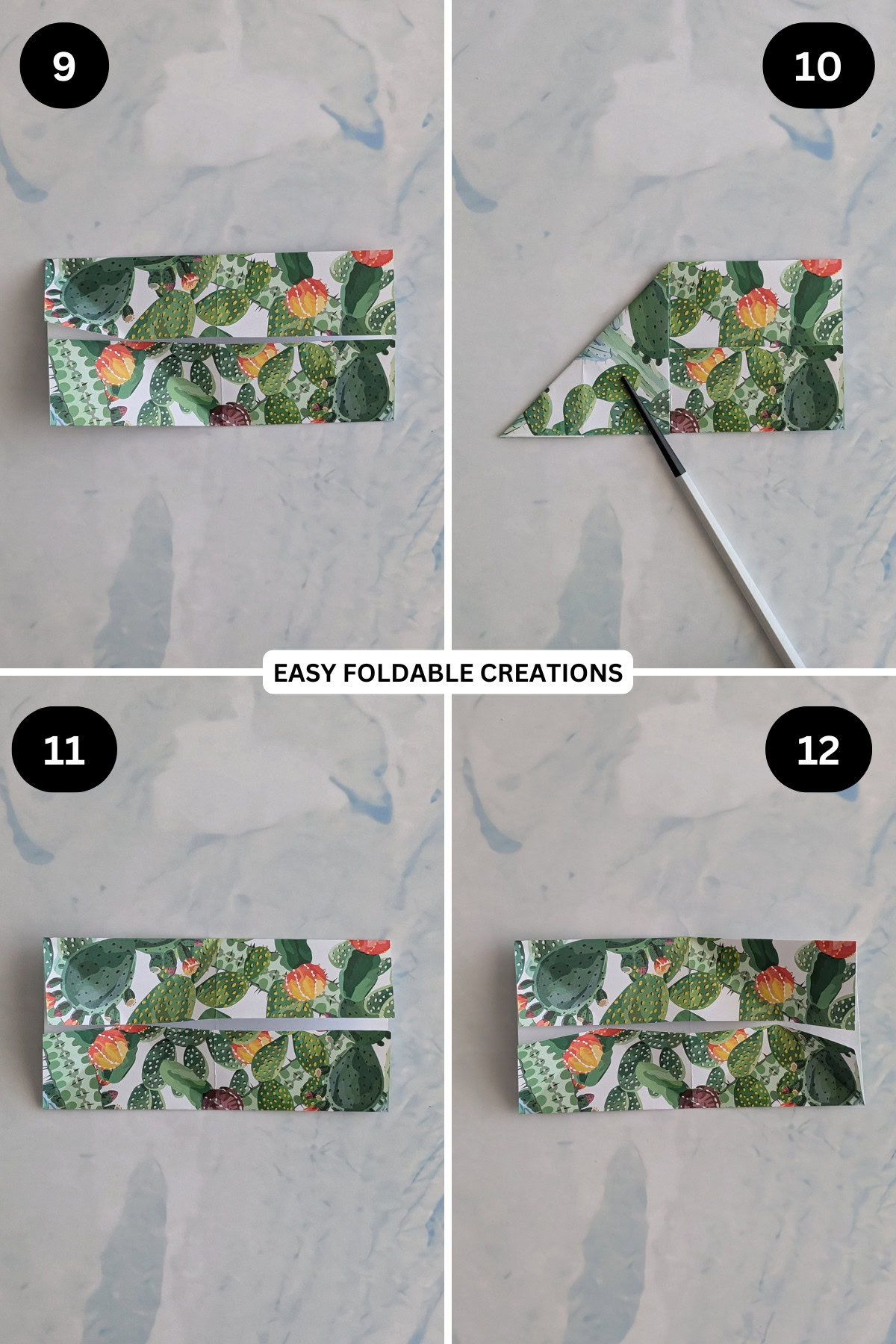 Steps 9 to 12 folding origami phone stand.