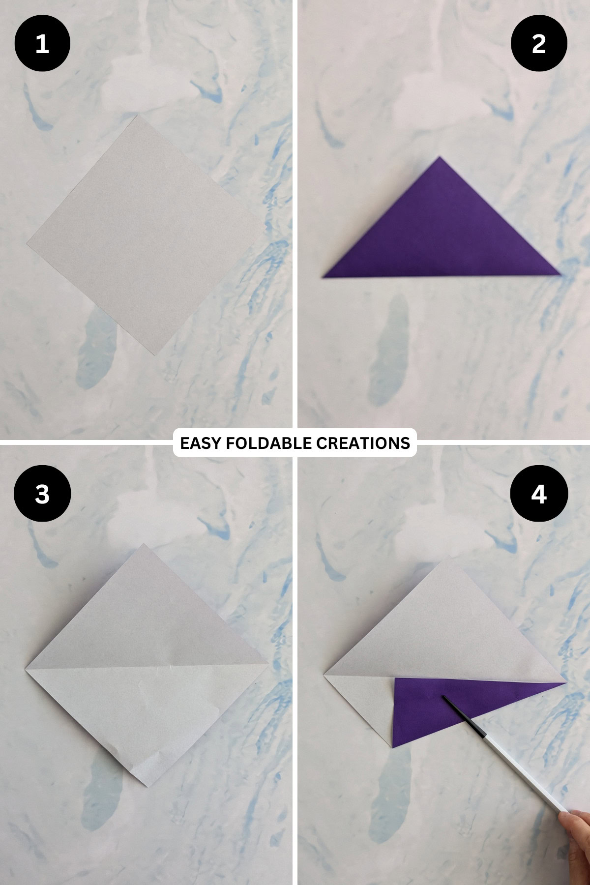 Steps 1 to 4 for folding origami swan.