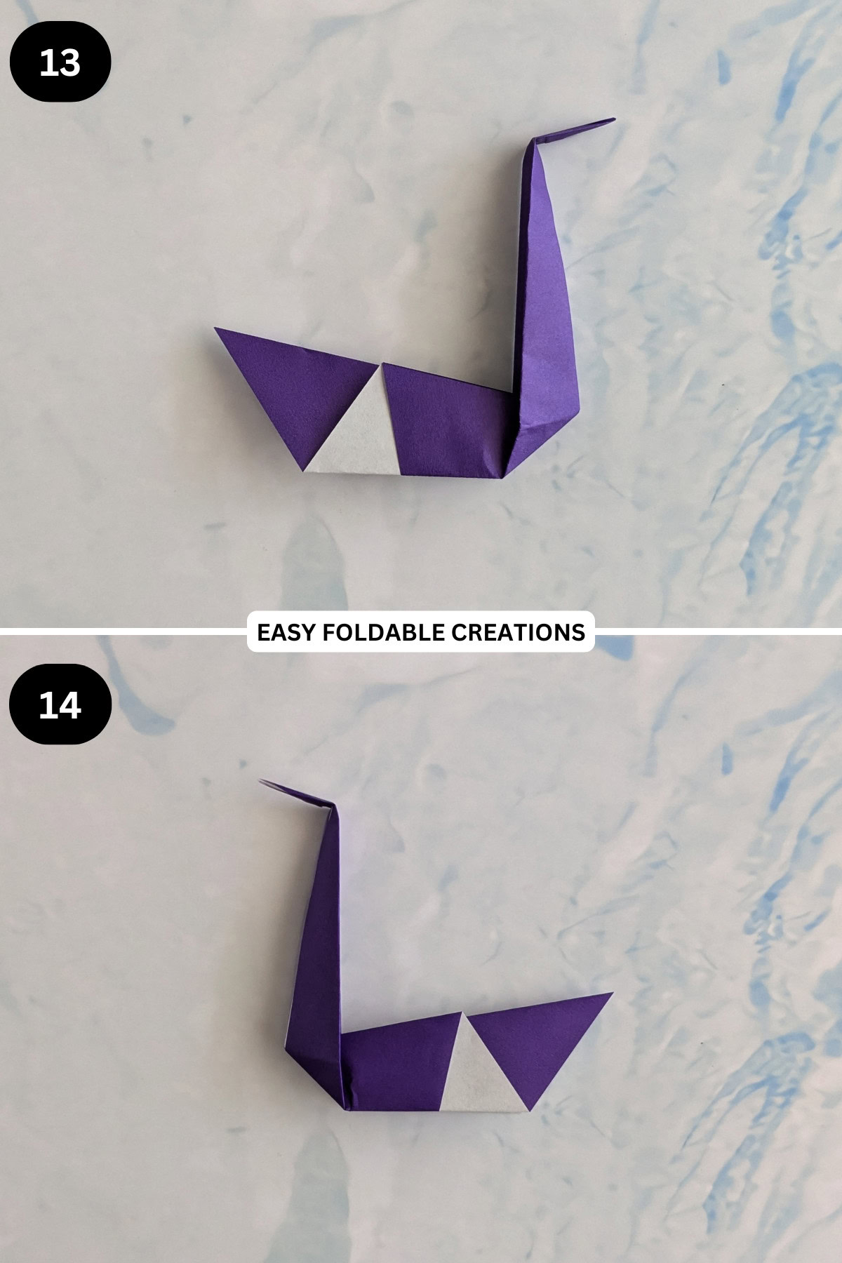 Steps 13 to 14 for folding origami swan.
