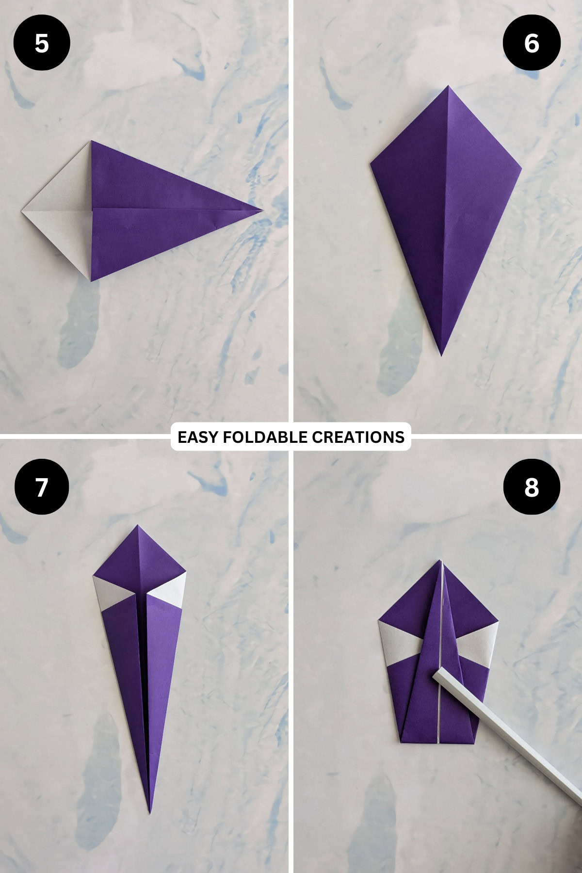 Steps 5 to 8 for folding origami swan.