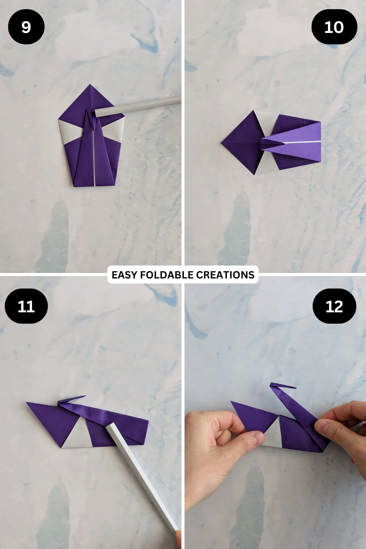 Steps 9 to 12 for folding origami swan.