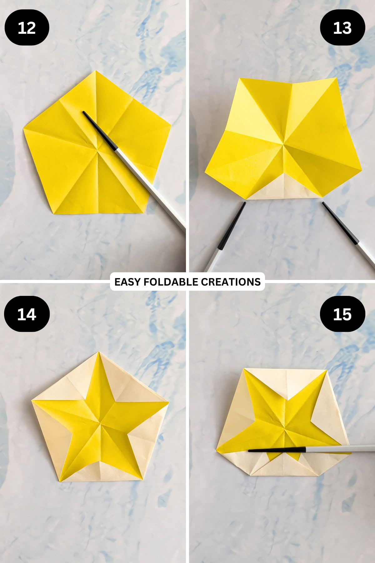 Steps 12 to 15 for folding origami star bowl.