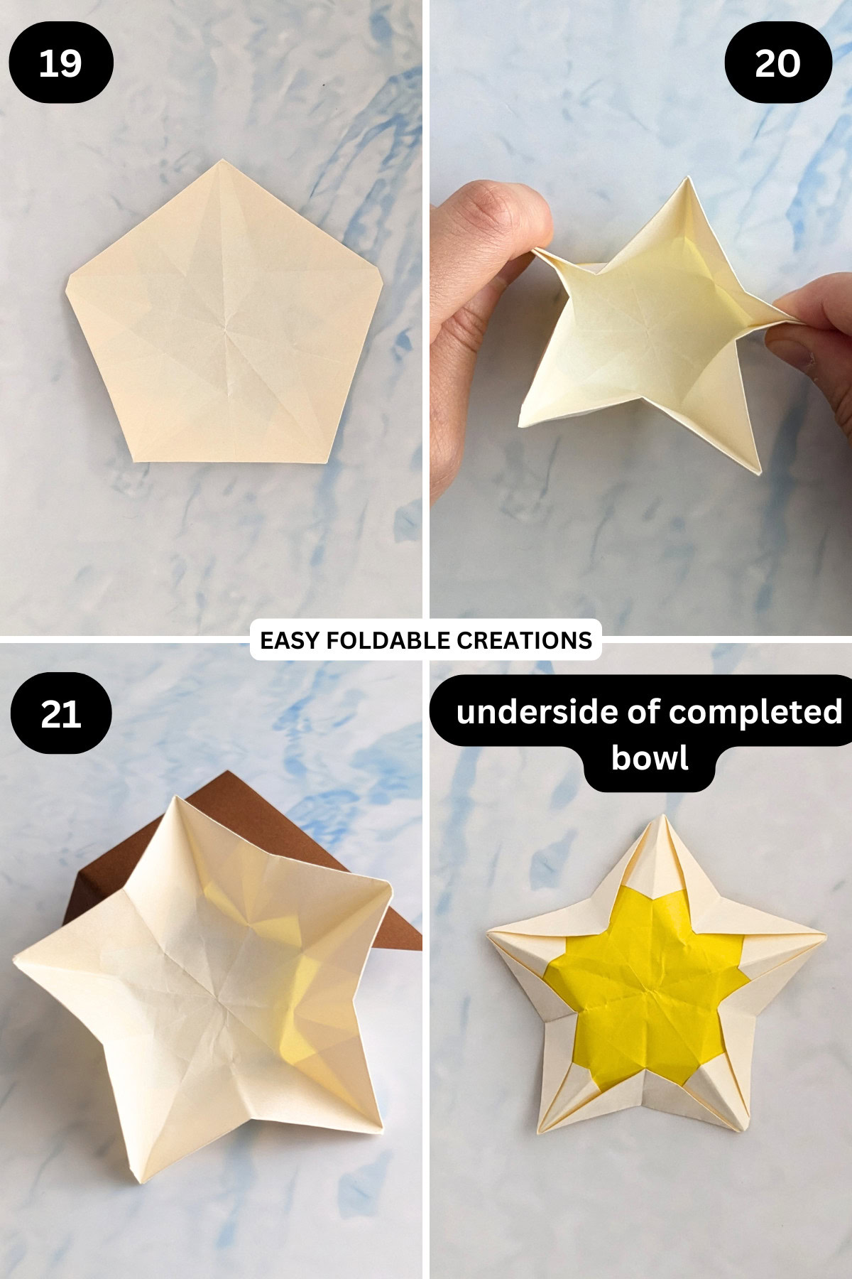 Steps 19 to 21 for folding origami star bowl.