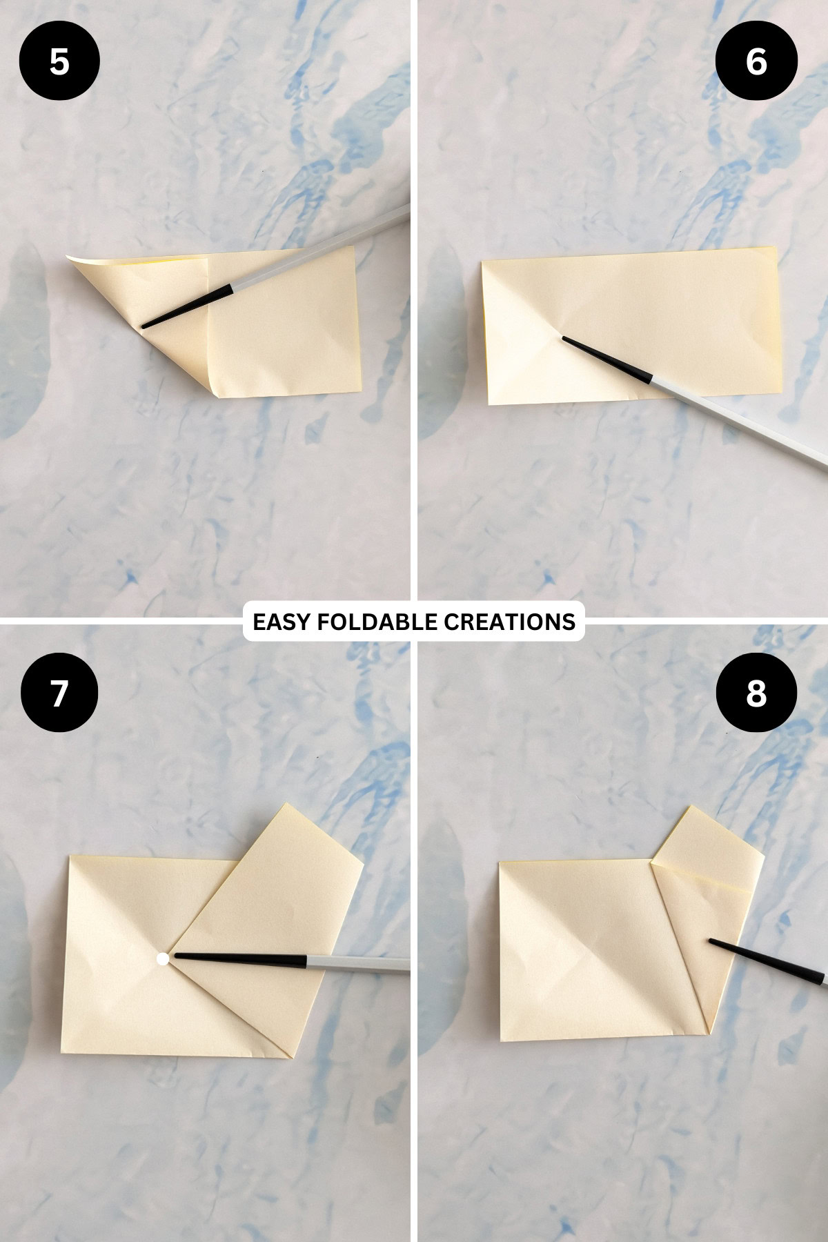 Steps 5 to 8 for folding origami star bowl.