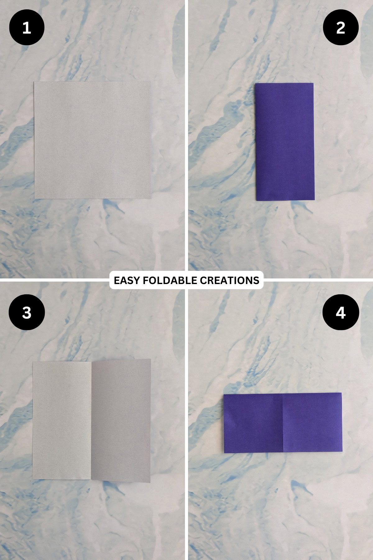 Steps 1 to 4 for folding 3D origami Christmas tree.