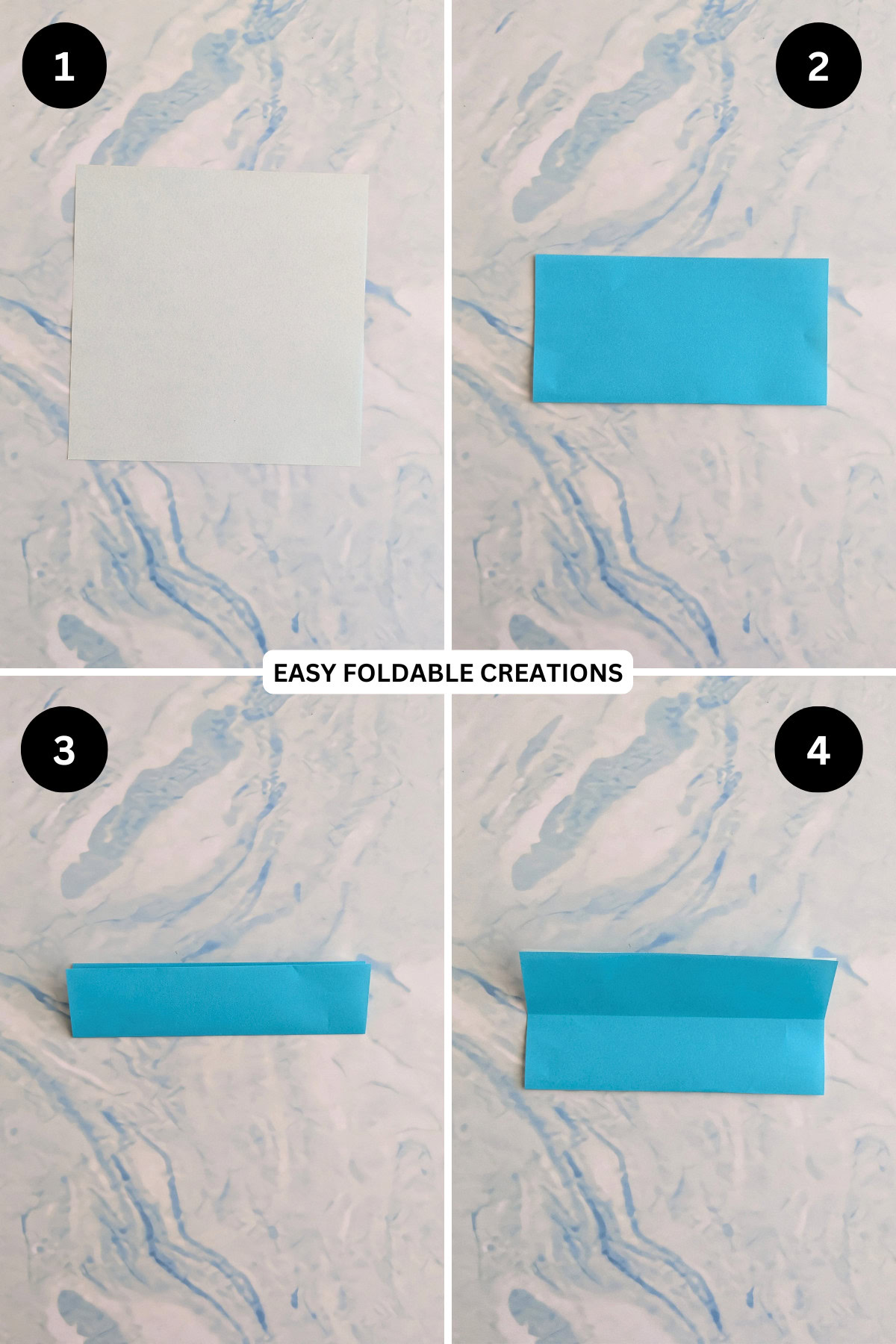 Steps 1 to 4 for folding jumping origami snake.