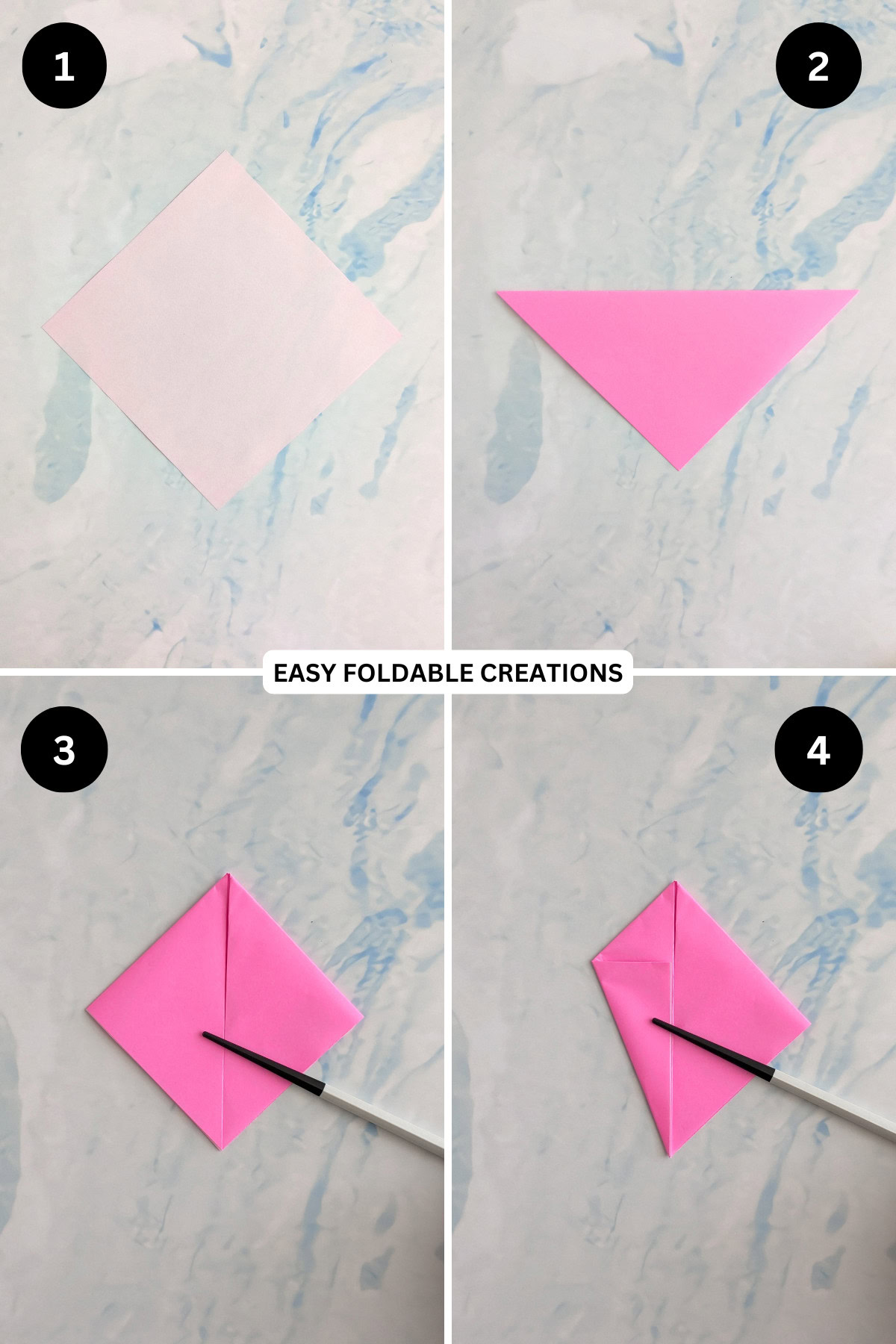 Steps 1 to 4 for folding origami bunny.