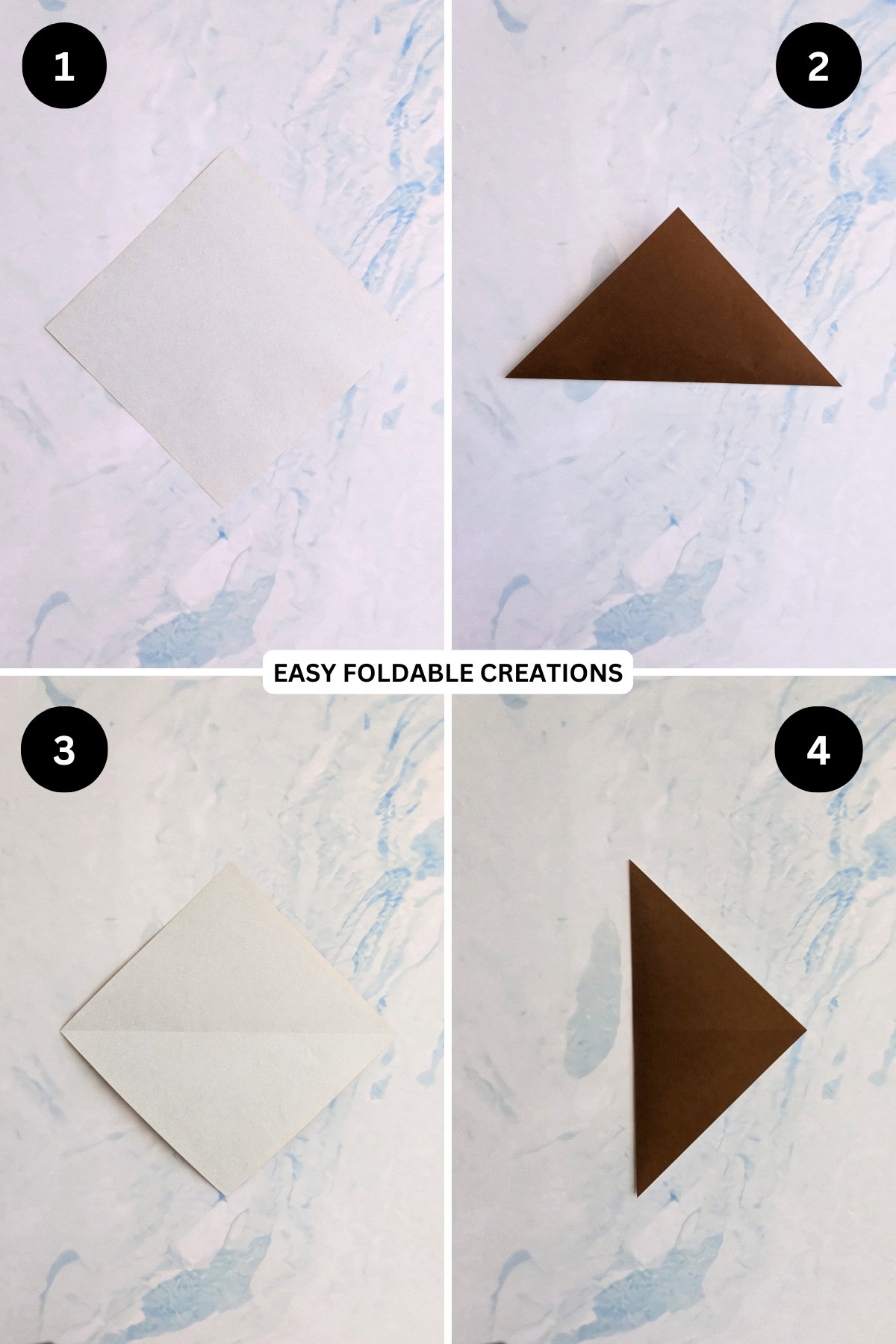 Steps 1 to 4 for folding origami reindeer.