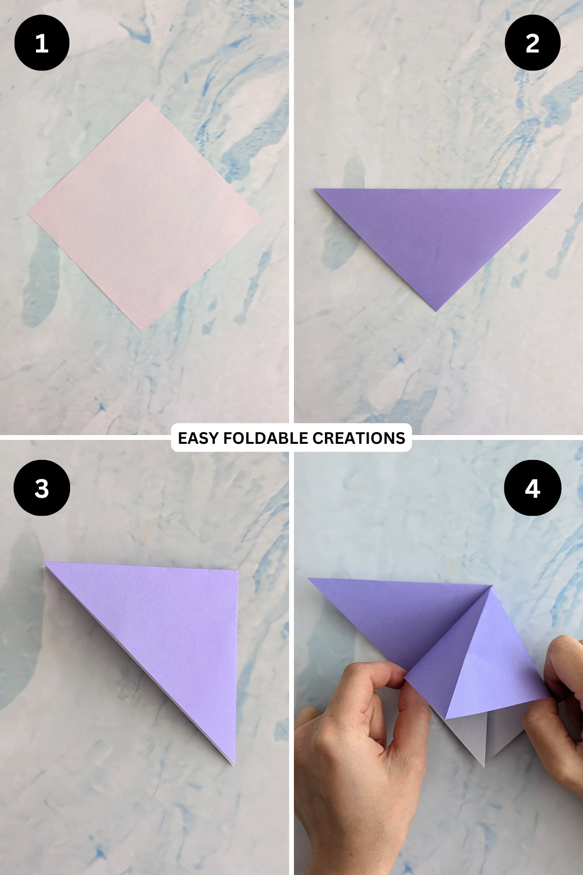 Steps 1 to 4 for folding origami paper crane.
