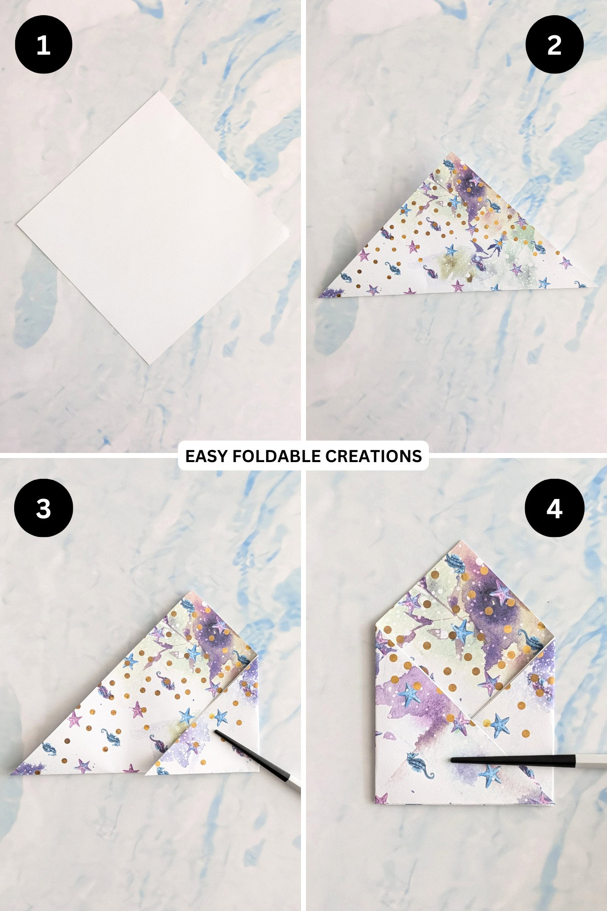 Steps 1 to 4 for folding a square paper envelope.
