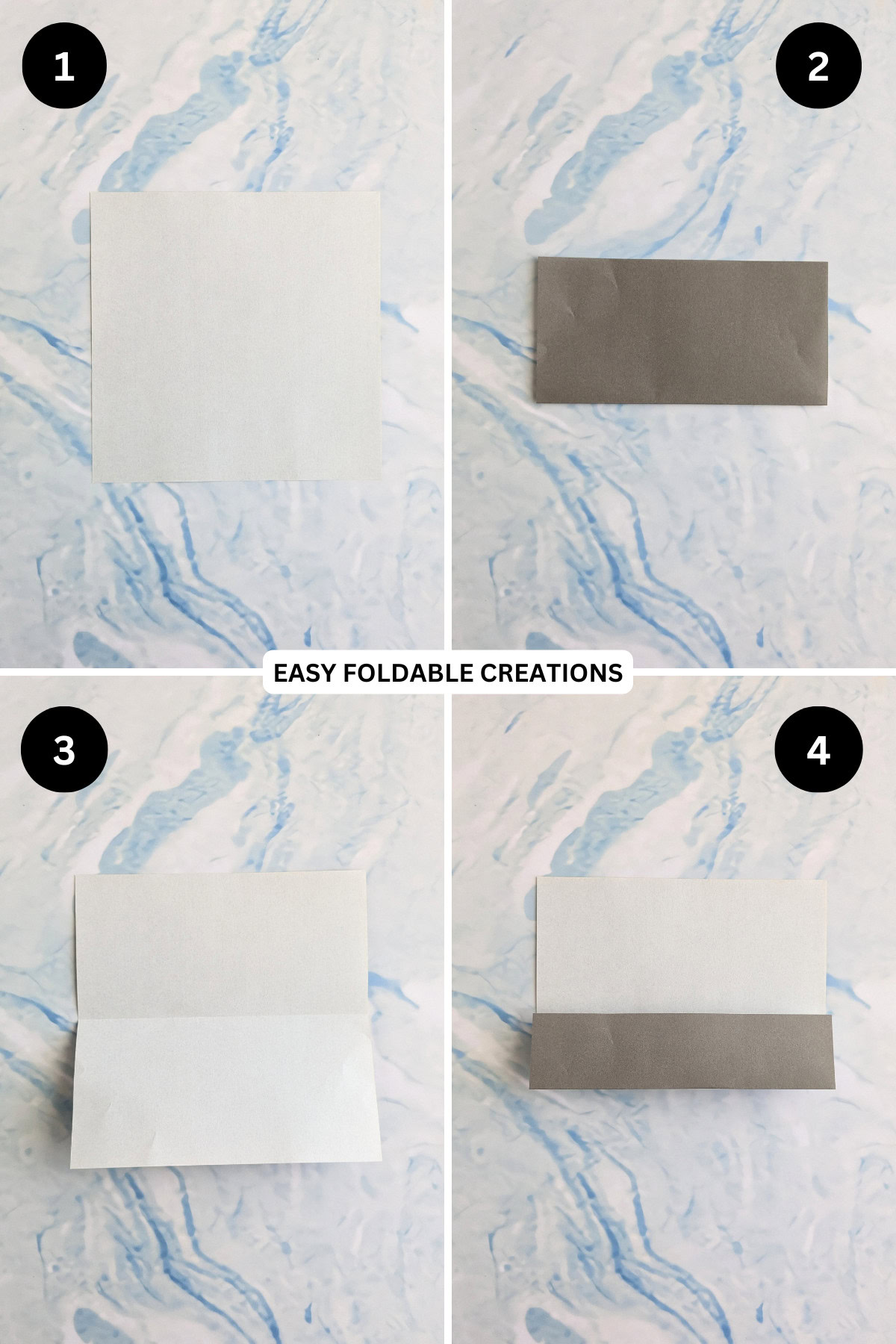 Steps 1 to 4 for folding an origami talking fish.