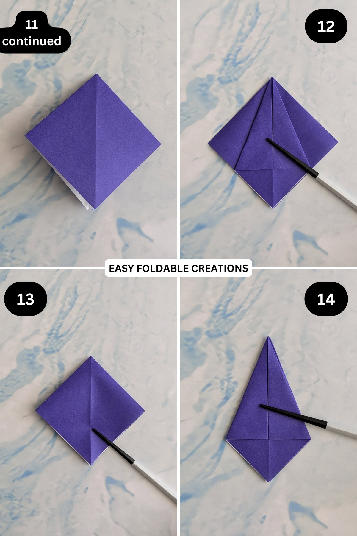 Steps 12 to 14 for folding 3D origami Christmas tree.