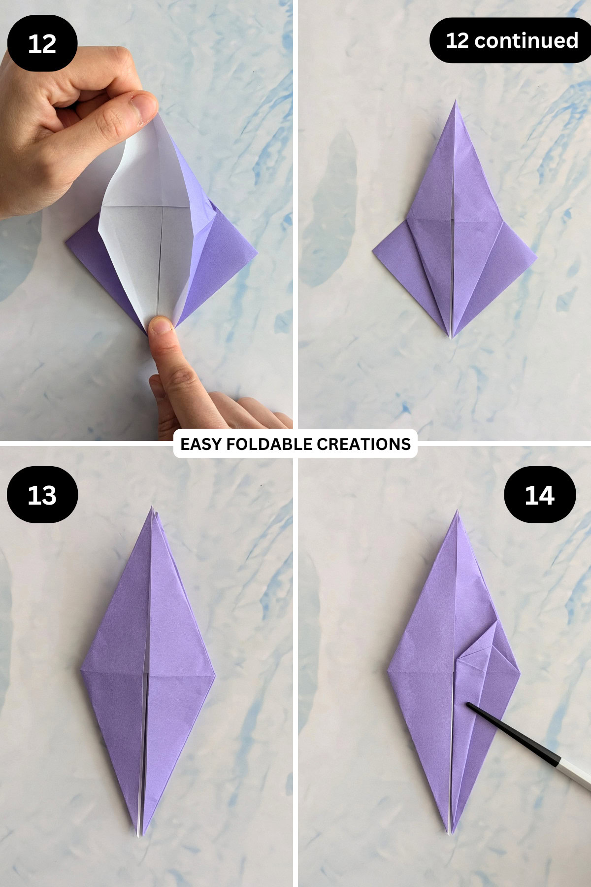 Steps 12 to 14 for folding origami paper crane.