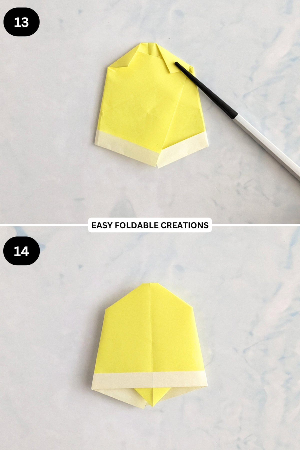 Steps 13 and 14 origami bell.