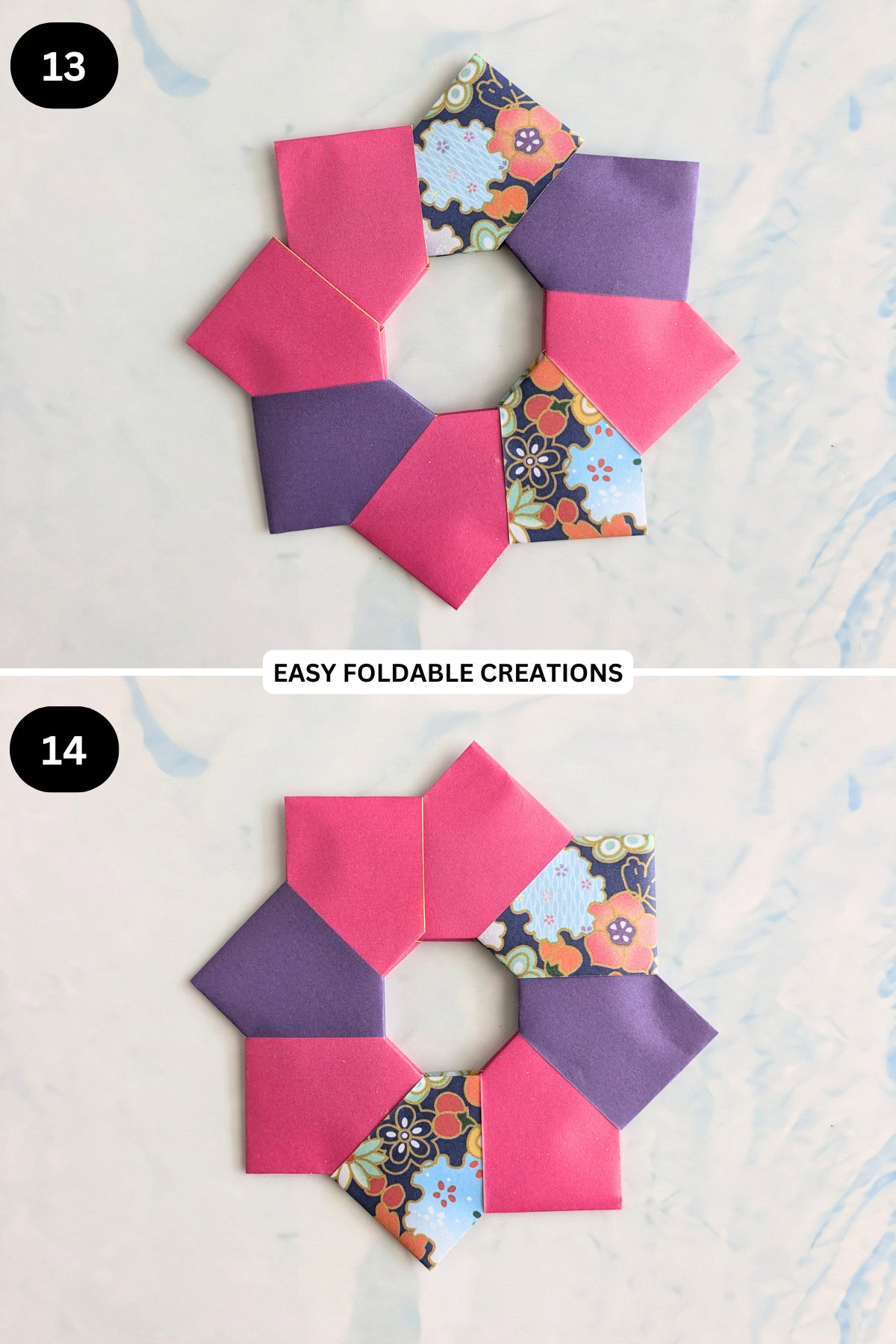 Steps 13 and 14 for origami wreath.