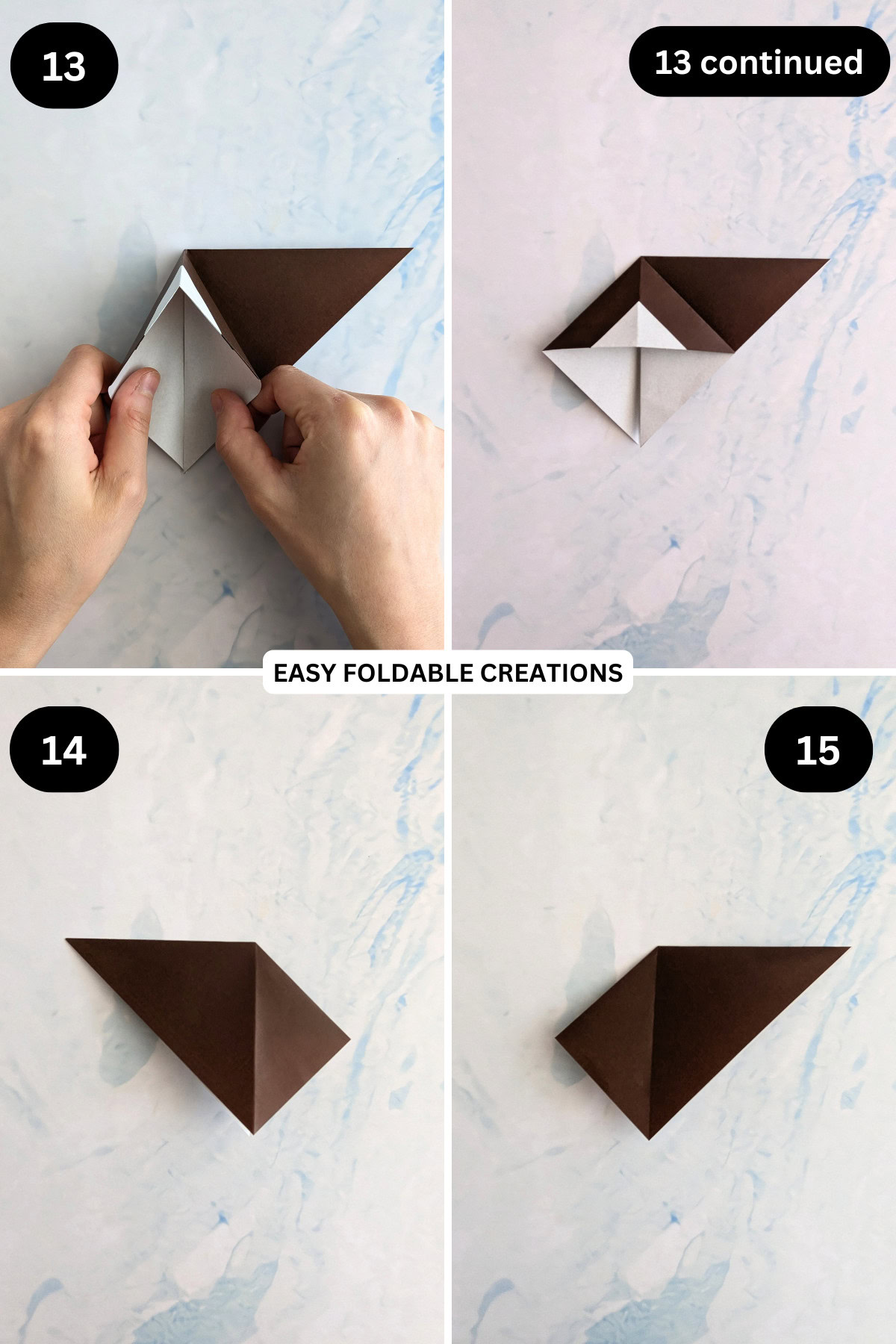 Steps 13 to 15 for folding origami reindeer.