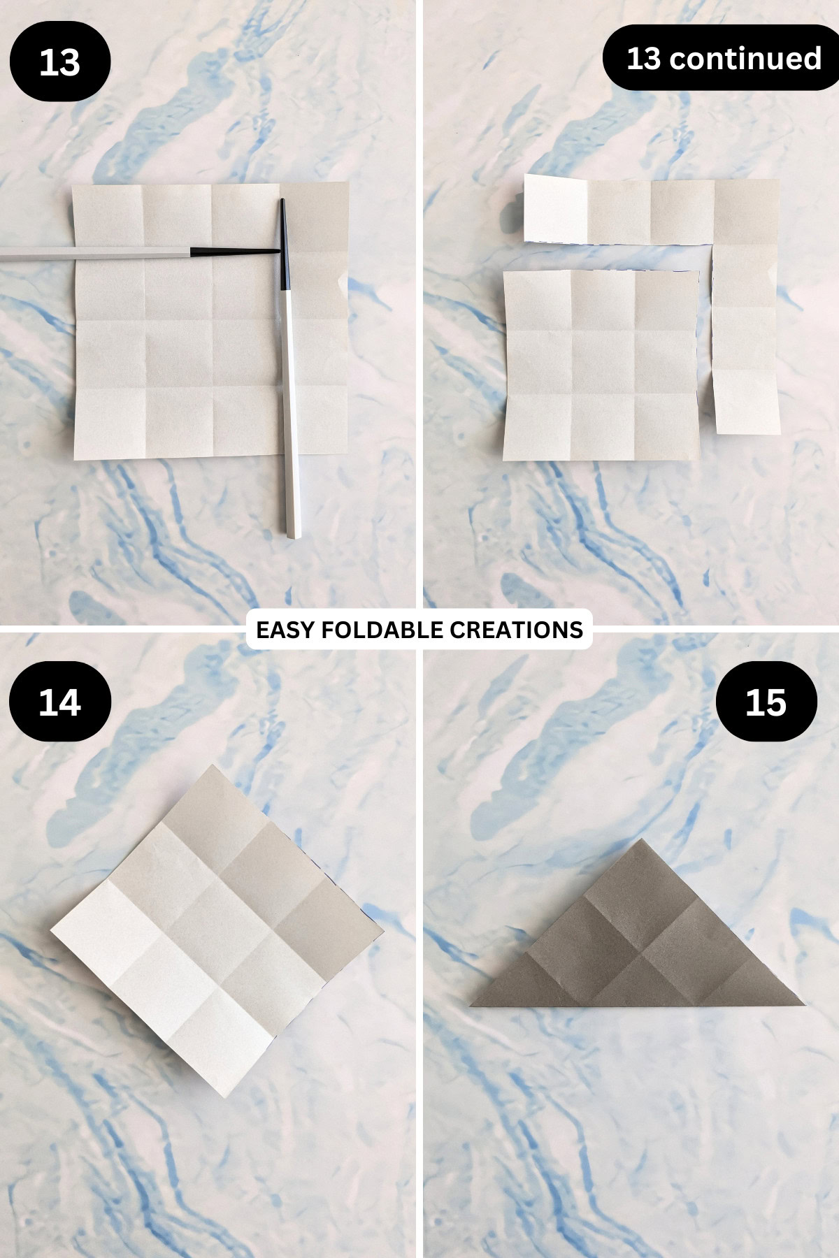 Steps 13 to 15 for folding an origami talking fish.