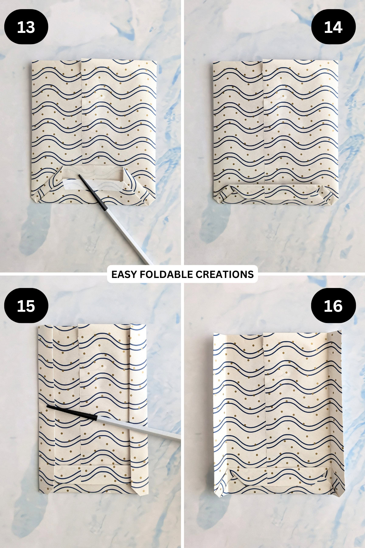 Steps 13 to 16 for folding a gift bag.