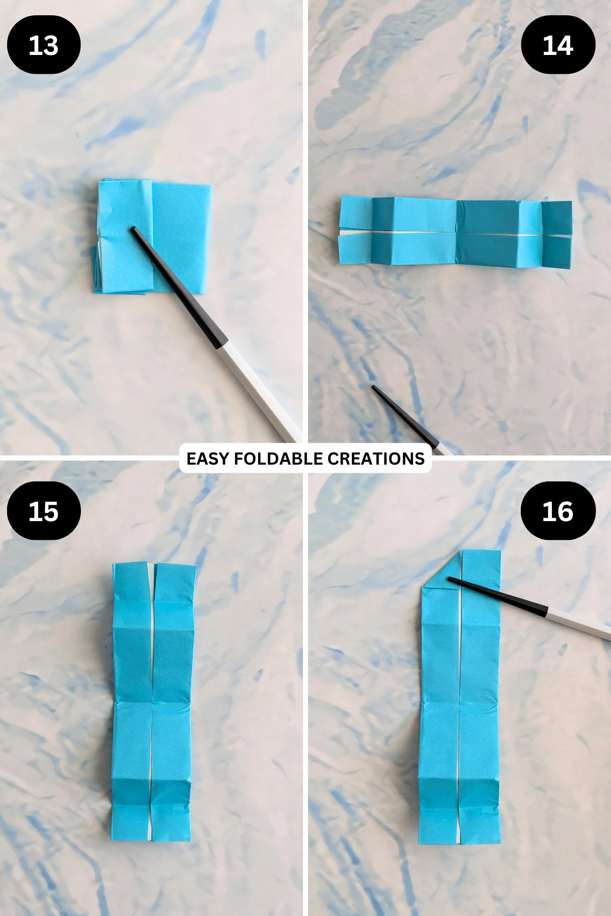 Steps 13 to 16 for folding jumping origami snake.