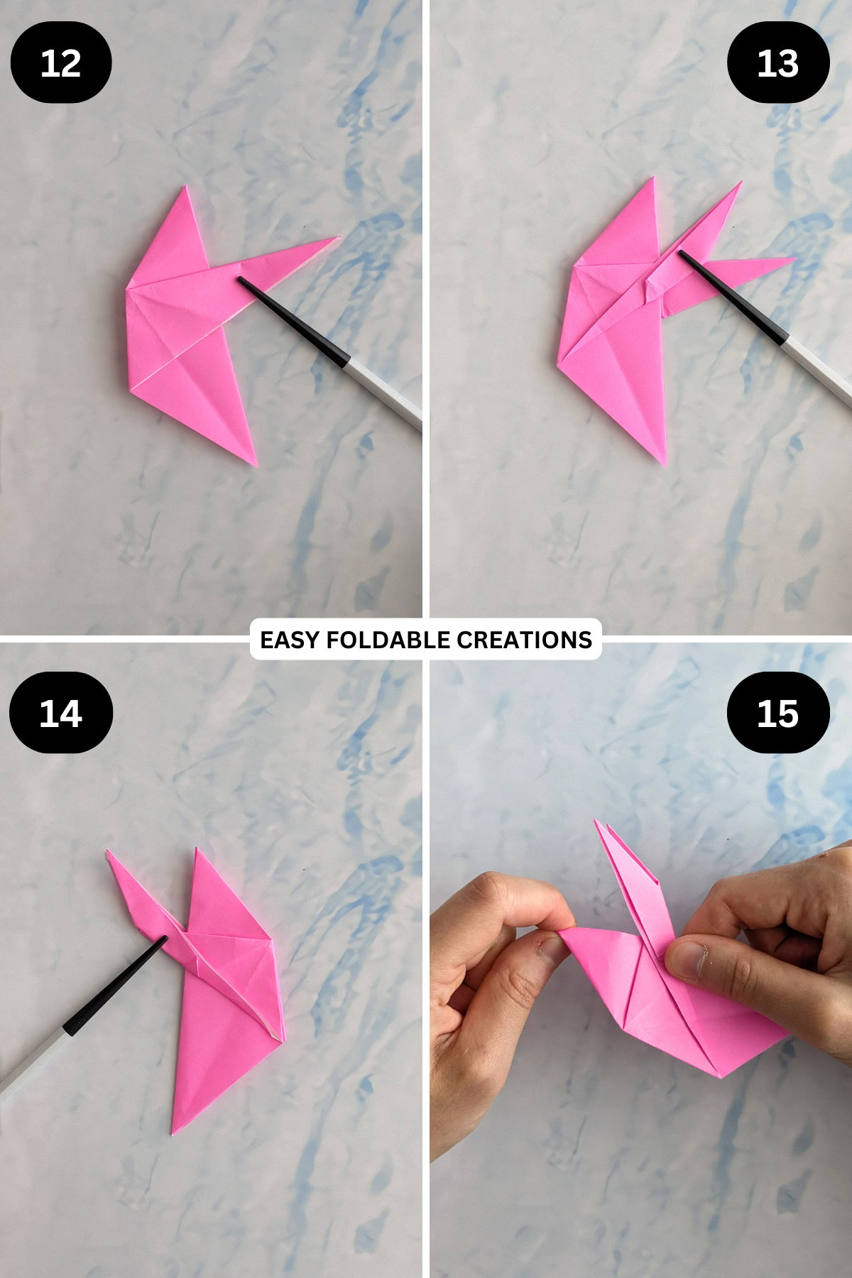 Steps 12 to 15 for folding origami bunny.