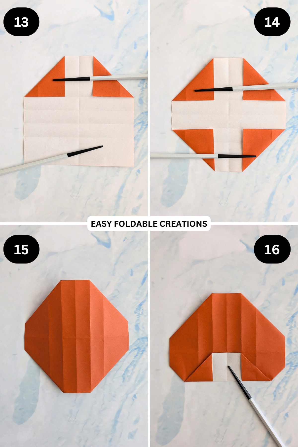 Steps 13 to 16 for folding a rectangle origami box.