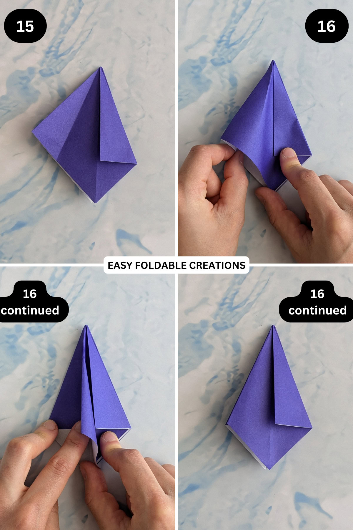 Steps 15 to 16 for folding 3D origami Christmas tree.