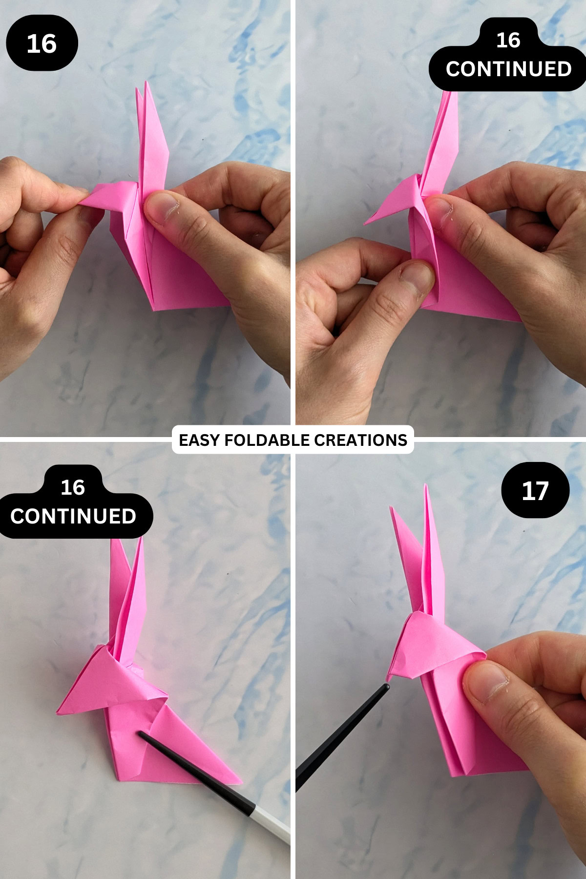Steps 16 to 17 for folding origami bunny.