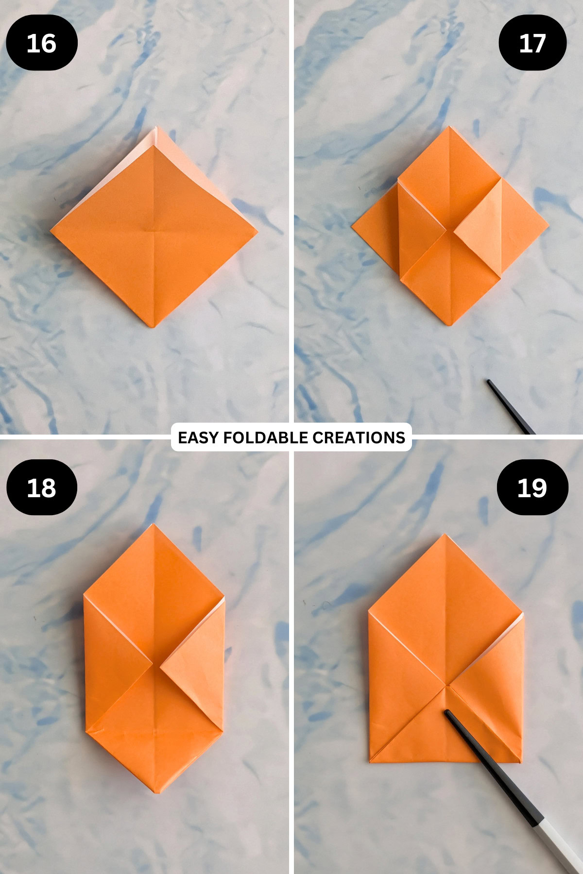 Steps 16 to 19 for folding origami box with lid.