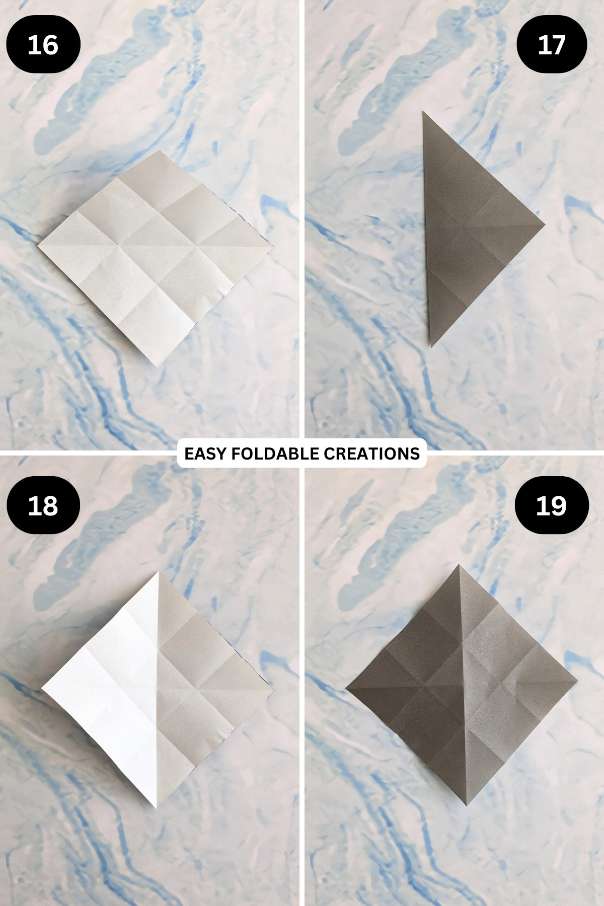 Steps 16 to 19 for folding an origami talking fish.