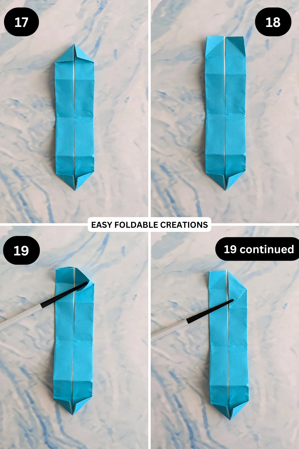 Steps 17 to 19 for folding jumping origami snake.