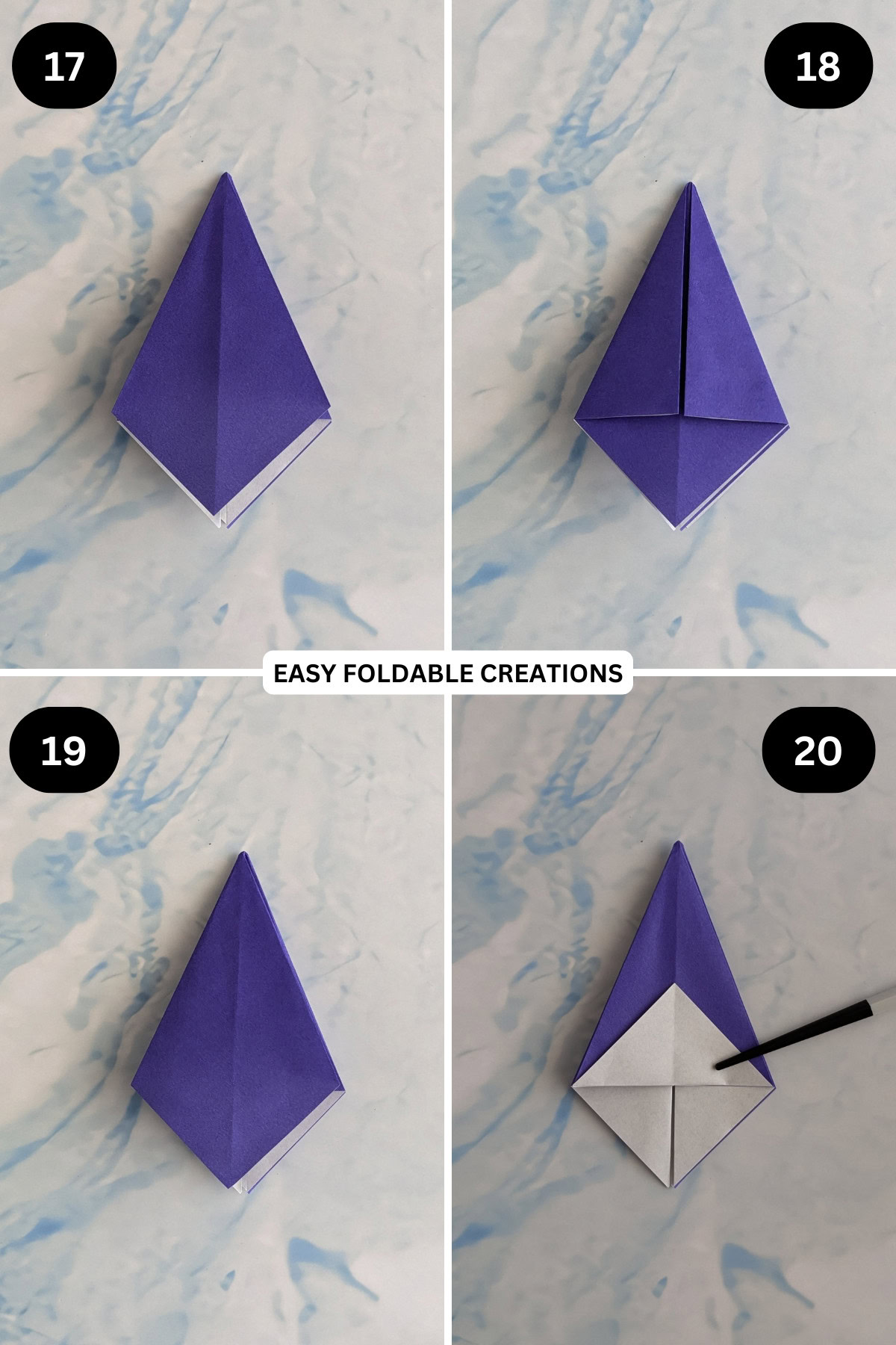 Steps 17 to 20 for folding 3D origami Christmas tree.