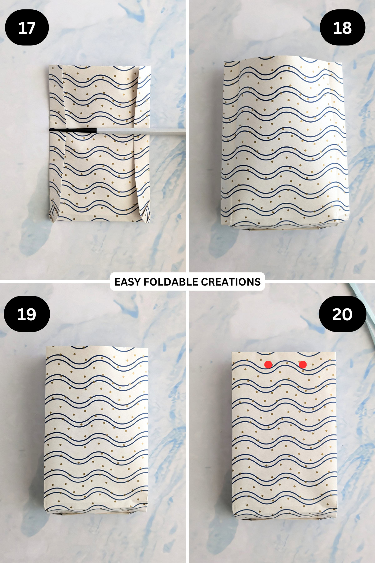 Steps 17 to 20 for folding a gift bag.