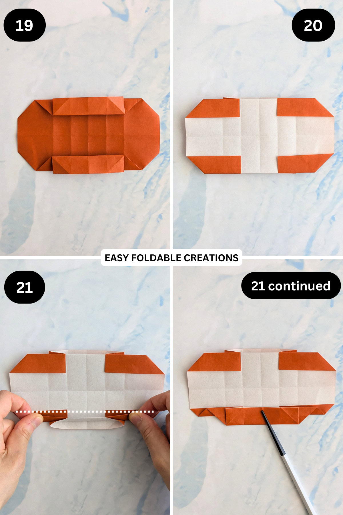 Steps 19 to 21 for folding a rectangle origami box.