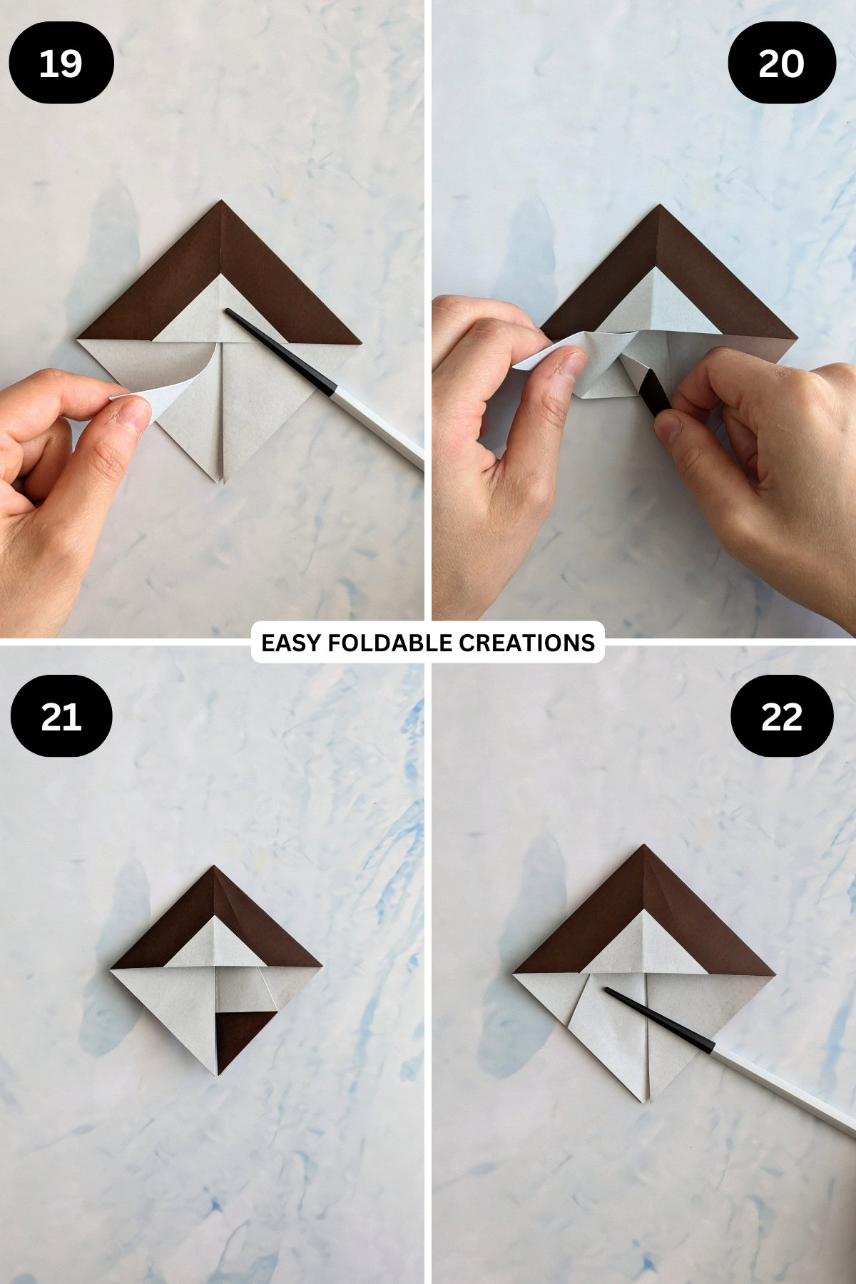 Steps 19 to 22 for folding origami reindeer.