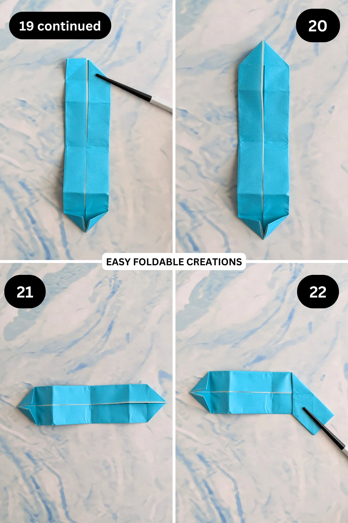 Steps 19 continued to 22 for folding jumping origami snake.